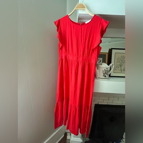 $425 Cynthia Rowley Red Linen Blend Ruffle Detail Tier Maxi Dress - Size L - Picture 1 of 2
